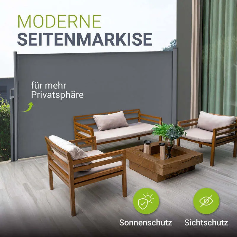 B-Ware Seitenmarkise Dubai Sichtschutz Garten Terrasse Dunkelgrau 300x190cm ausziehbar