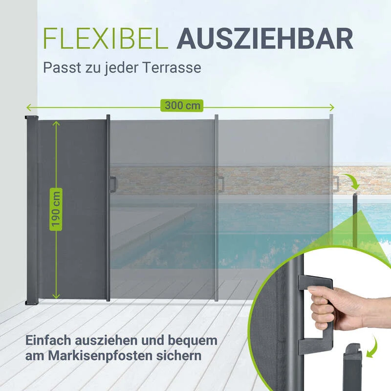 B-Ware Seitenmarkise Dubai Sichtschutz Garten Terrasse Dunkelgrau 300x190cm ausziehbar